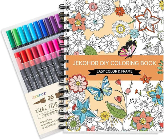 Adult Coloring Book Set,Spiral Bound Coloring Books for Adults Relaxation with 36 Colors Non-toxic Markers, Anxiety Relief Gifts with 30 Patterns Included Mandala Animal Flowers