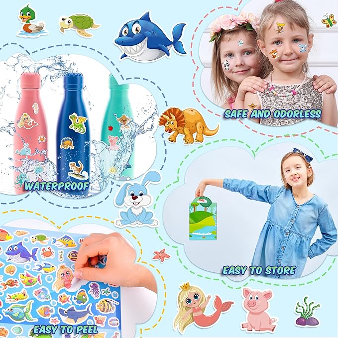 3200+pcs stickers for kids, 102 sheets cartoon animal sticker for toddlers, reward cute stickers 18 theme for school teachers students parents, scrapbook journal gifts decor