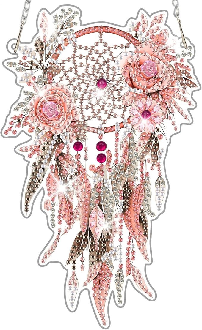NAIMOER DIY Hanging Diamond Art Kits for Adults, Pink Dream Catcher Diamond Painting Kits, Special Shaped Rhinestone, Acrylic 5D Gem Art Craft Window Pendants Home Garden Wall Hanging Ornament Kits