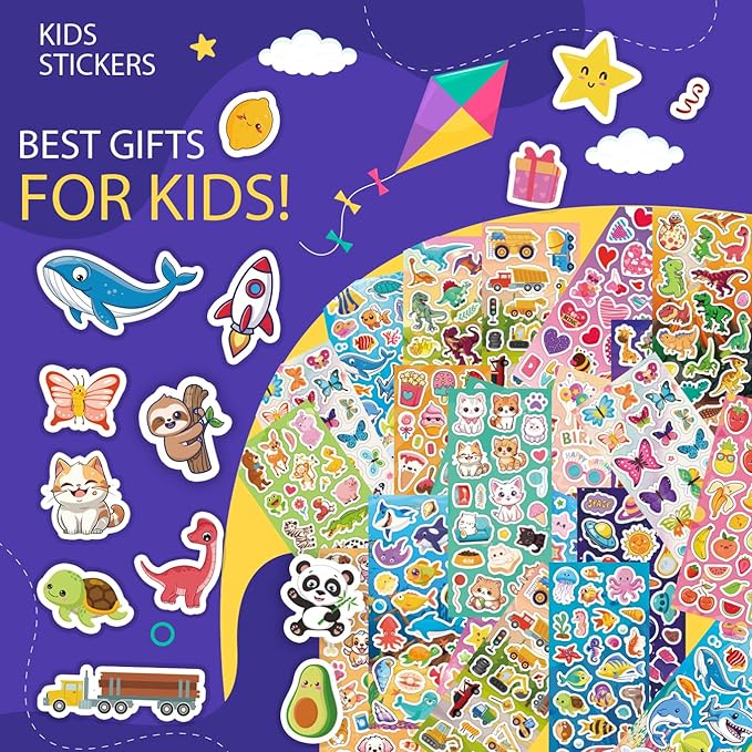 karslora 36 sheets stickers for kids, 800+ stickers for scrapbooking including animals, fruits, dinosaurs, hearts, cats, fish, cars, space and more, party favors for kids