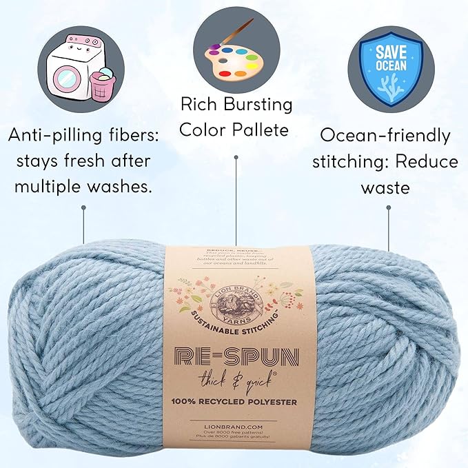 Lion Brand Re Spun Thick & Quick Faded Denim 843-106 (3-Skeins - Same Dye Lot) Weight S Bulky #6 Polyester Yarn for Crocheting and Knitting with Project Bag