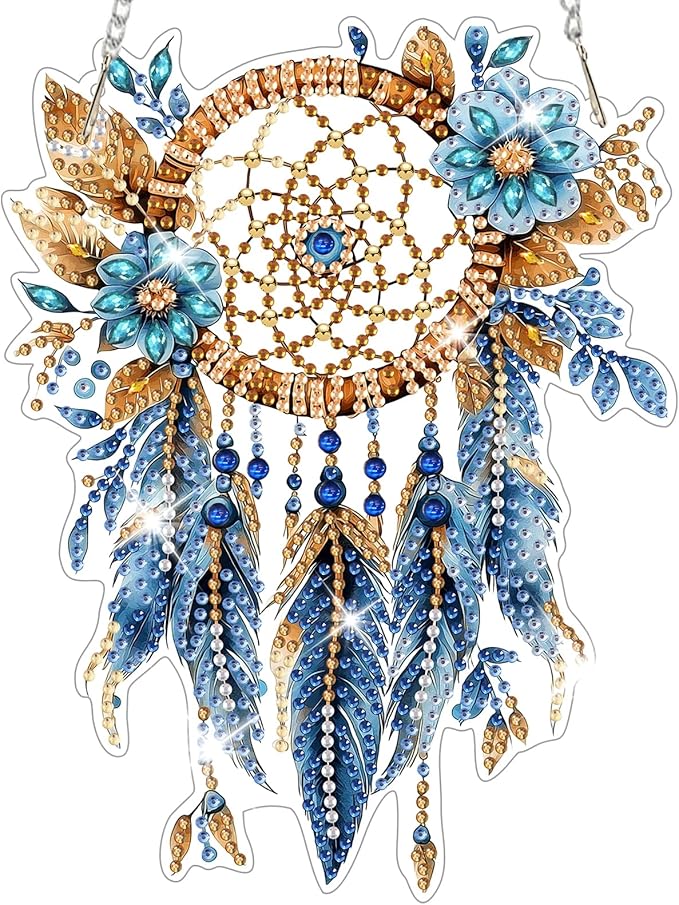 NAIMOER DIY Hanging Diamond Art Kits for Adults, Blue Dream Catcher Diamond Painting Kits, Special Shaped Rhinestone, Acrylic 5D Gem Art Craft Window Pendants Home Garden Wall Hanging Ornament Kits