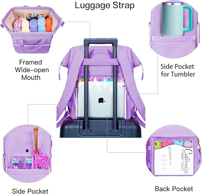 Leudes Knitting Bag Backpack,Yarn Storage Organizer Large Crochet Bag Tote Christmas Gift Yarn Holder Case for Carrying Projects,Knitting Needles (Purple)