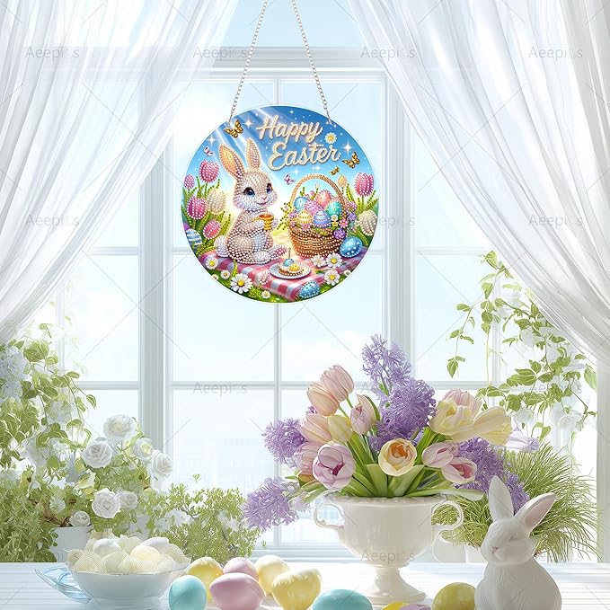 Aeepics Hanging Diamond Art Kit for Adult Easter Rabbit, DIY Diamonds Painting Pendant Ornament Kit, Acrylic Diamond Art Painting Board Kit (Happy Easter)