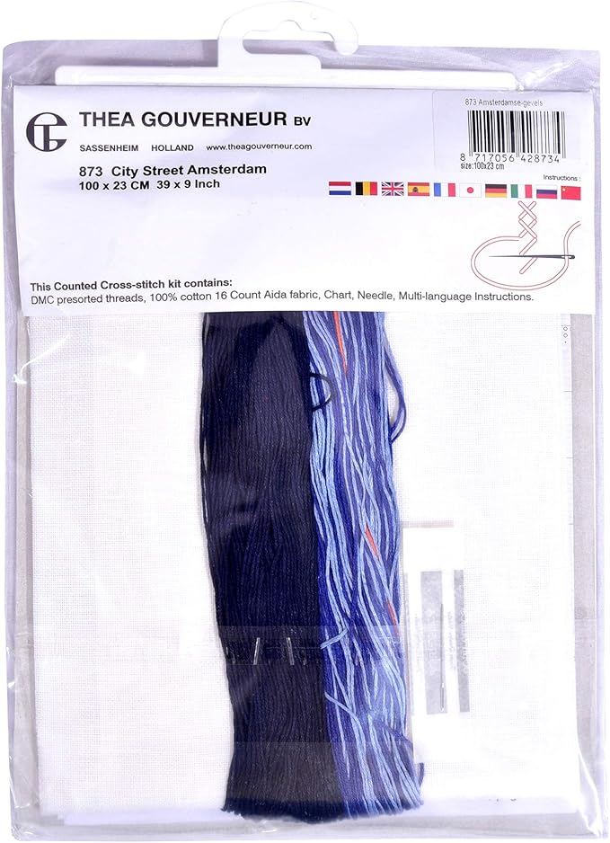Thea Gouverneur - Counted Cross Stitch Kit - City Street Amsterdam - Linen - 32 Count - Embroidery Kit for Adults - DMC Embroidery Threads and Other Cross Stitch Supplies Included - 873