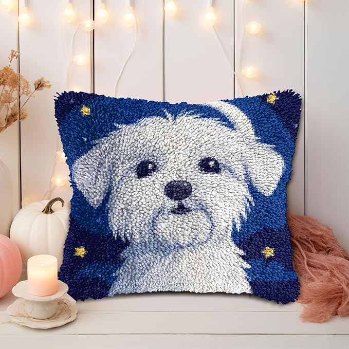 DIY Latch Hook Pillow Kits for Adults Cute Maltese Dog Printed Pillowcase Crochet Yarns Hooking Handmade Pillow Cover Cushion for Home Sofa Decor 17x17inch(6)