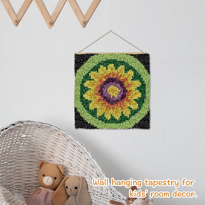 YP Sunflower Latch Hook Rug Kit for Adults Beginners - 12x12 Inch DIY Craft Crochet Rug, Beginner-Friendly Art Project for Home Decor, Easy-to-Make Needlecraft Kit