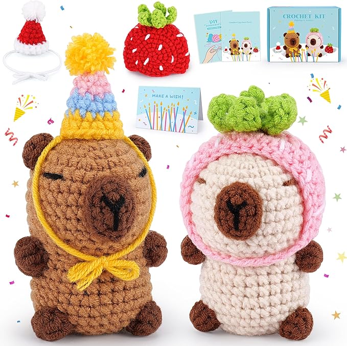 Crochet Kit for Beginner-2PCS Animals Brown and Beige Capybara Crochet Kit with Step-by-Step Video Tutorials,Stuffed Animal Knitting Kit for Adult,Capybara Party Crocheting Kit for Birthday