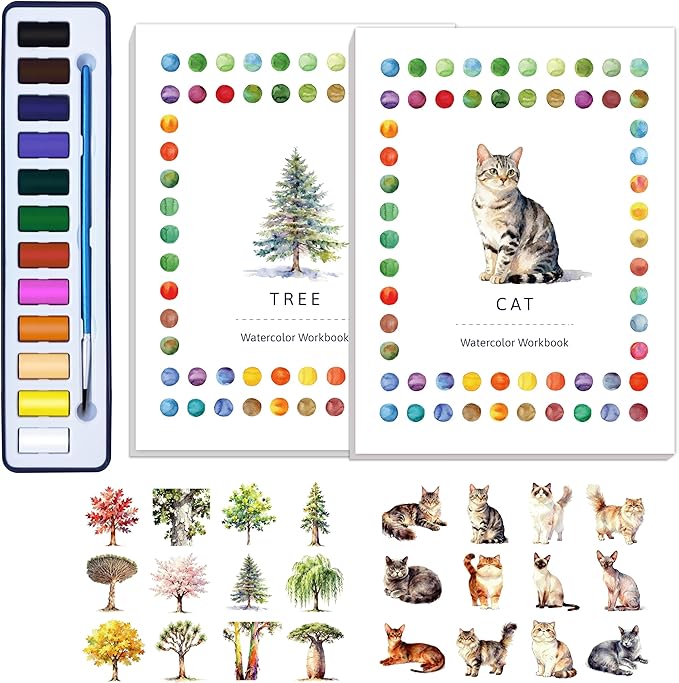 2Pcs Watercolor Workbook Creative Water Color Paint Book Set with Paints & Brush, 12 Patterns of Original DIY Designs, Beginner-Friendly Adult Coloring Books(Cat & Tree)