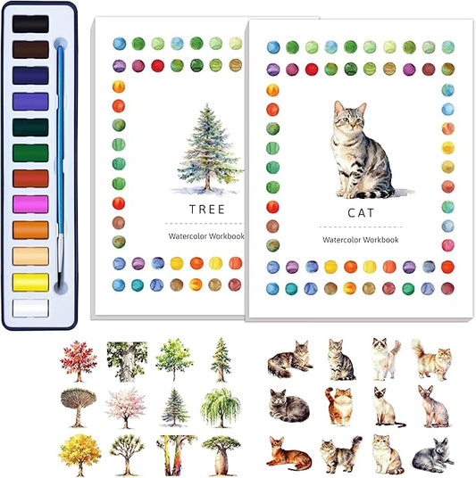 2Pcs Watercolor Workbook Creative Water Color Paint Book Set with Paints & Brush, 12 Patterns of Original DIY Designs, Beginner-Friendly Adult Coloring Books(Cat & Tree)