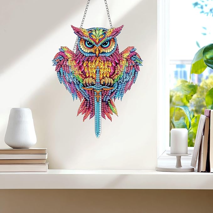 Wergund 5D DIY Owl Diamond Art Hanging Kits, Hanging Diamond Art Bird, Acrylic Special Shaped Rhinestone, Window Hanging Pendants for Home Wall Garden Front Door Outdoor Decor Gift(Owl)