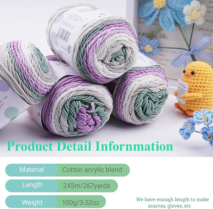 Ombre Cake Yarn for Crocheting 4PCS Gradient Yarn Cake-4x100g 45% Cotton 55% Acrylic Rainbow Cotton Yarn for Knitting,Shawls,Blankets,Scarves,Garments(Purple)