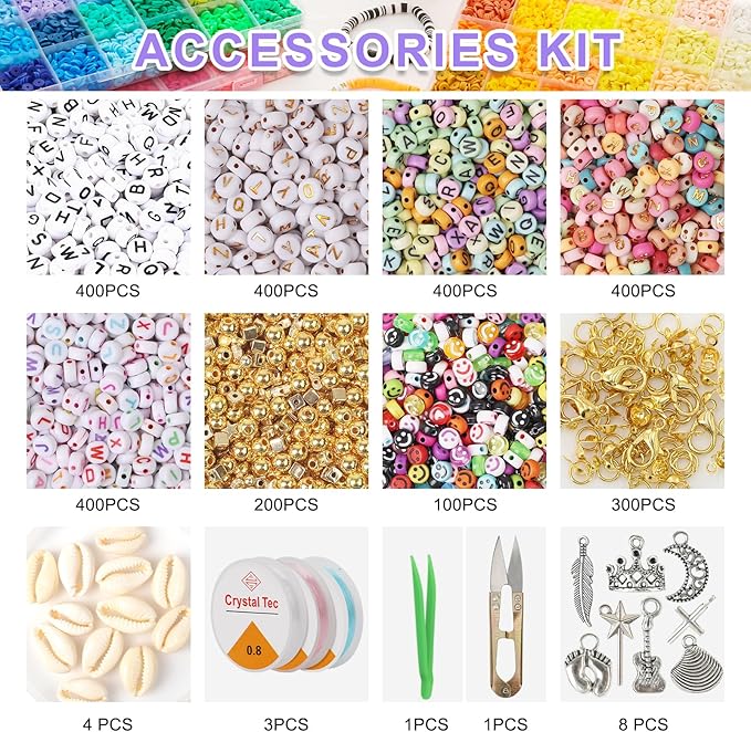 XSEINO 23000Pcs Clay Beads Bracelet Making Kit, 6Boxes 125Colors Friendship Polymer Beads and 5 Styles Letter Beads with Jewelry Making Accessories and 3 Rolls Crystal Cord for Crafts Christmas Gifts