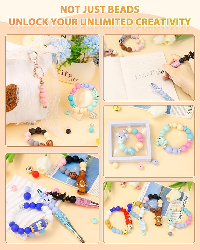 FIVEIZERO 212PCS Silicone Focal Beads for Keychain Making, Animal Koala, Round, Lentil, Hexagon, Printed, Rhinestone, Sliver Spacer Beads for Pens, Bracelets & Crafts with Elastic Cord & Scissors