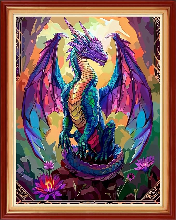 foxhool stamped cross stitch kits,11ct printed cross stitch pattern full embroidery kits for beginner needlepoint kits-colorful dragon flowers 16x20 inch
