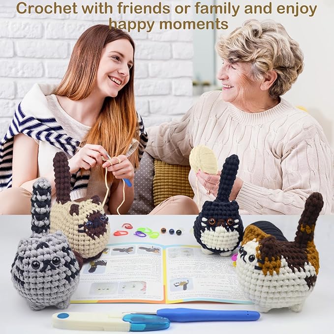 Utook Crochet Kit for Beginners, 4-Pack Crochet Animal Kit,Crochet Kits for Beginners Adults, with Instructional Videos and Paper tutorials, Handmade Crafts, Holiday Gifts (Cat Family)