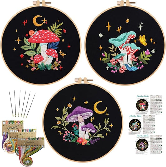 Nuberlic 3 Pack Embroidery Kit for Adults Beginners, Stamped Cross Stitch Mushroom Patterns with Hoop, Thread, Needles & Step-by-Step Guide Easy DIY Starter Kit