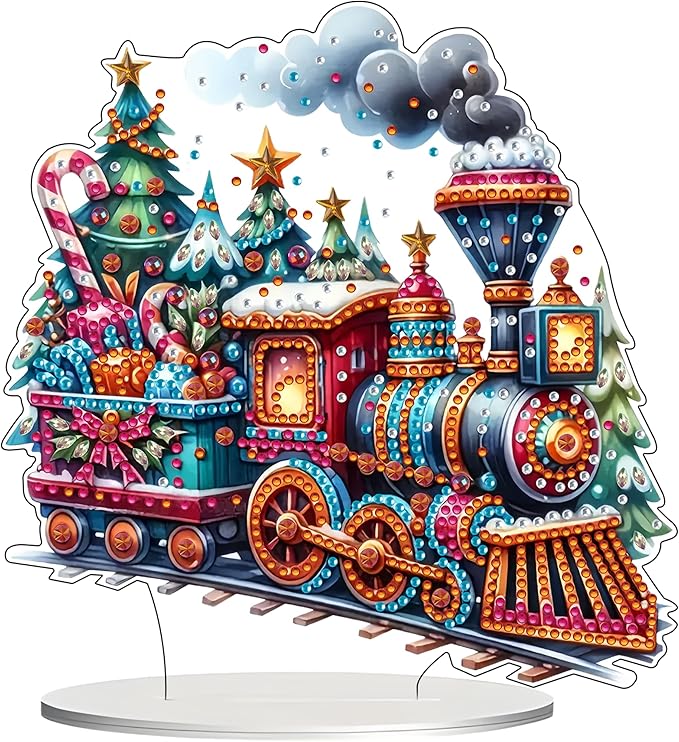 JJFox DIY Tabletop Diamond Art Painting Kit，Special Shaped Rhinestone Desk Placement Ornament，Home Stand Up Gem Painting Craft Kit，Gift. (Christmas Train-1)