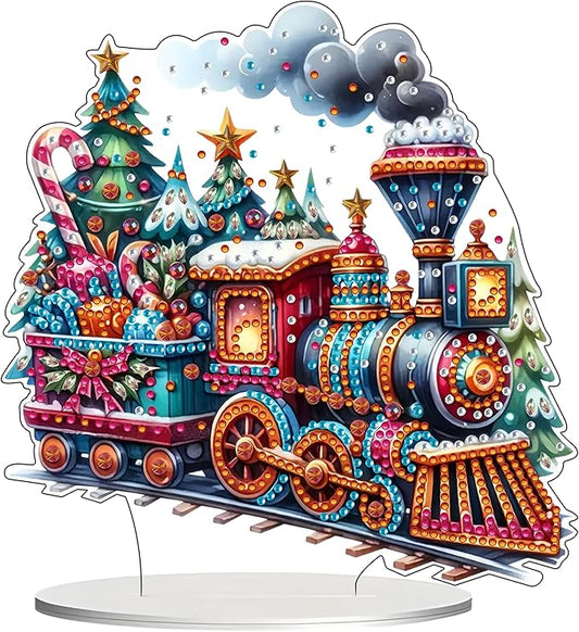 JJFox DIY Tabletop Diamond Art Painting Kit，Special Shaped Rhinestone Desk Placement Ornament，Home Stand Up Gem Painting Craft Kit，Gift. (Christmas Train-1)
