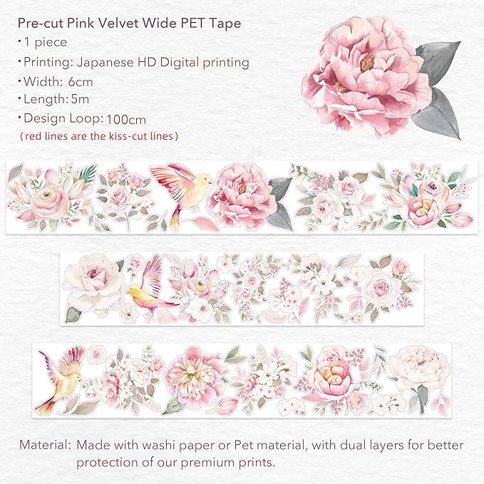 WT Pre-Cut Pink Velvet Wide PET Tape, Single Roll, Original Designs, Transparent Floral Adhesive, Durable Decorative Clear Tape for Journaling, Scrapbook, Planner, DIY Crafts, Bujo Supplies, 60mm×5m