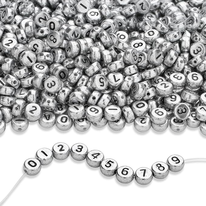 LAIDANLA 1000PCS Acrylic Number Beads Black Number Silver Round Bead 7×4mm for Jewelry Bracelets Necklaces Key Chains Making