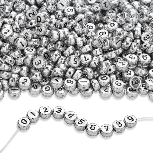 LAIDANLA 1000PCS Acrylic Number Beads Black Number Silver Round Bead 7×4mm for Jewelry Bracelets Necklaces Key Chains Making