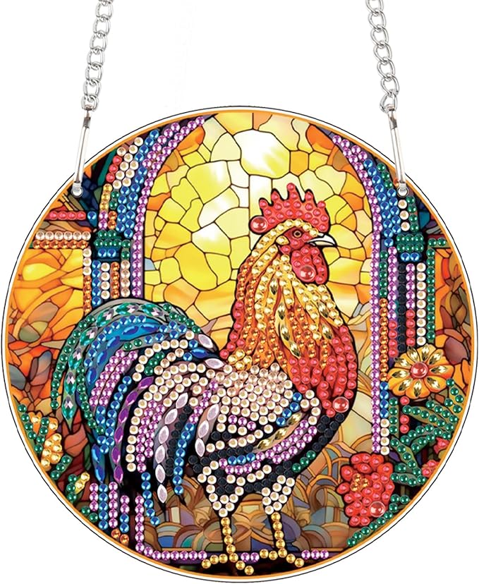 AiYuanzsh DIY 5D Diamond Art Hanging Pendant, Rooster Acrylic Rhinestone Ornament for Wall Door Window Decor, Diamond Painting Animal Craft Gift for Home or Christmas Decoration