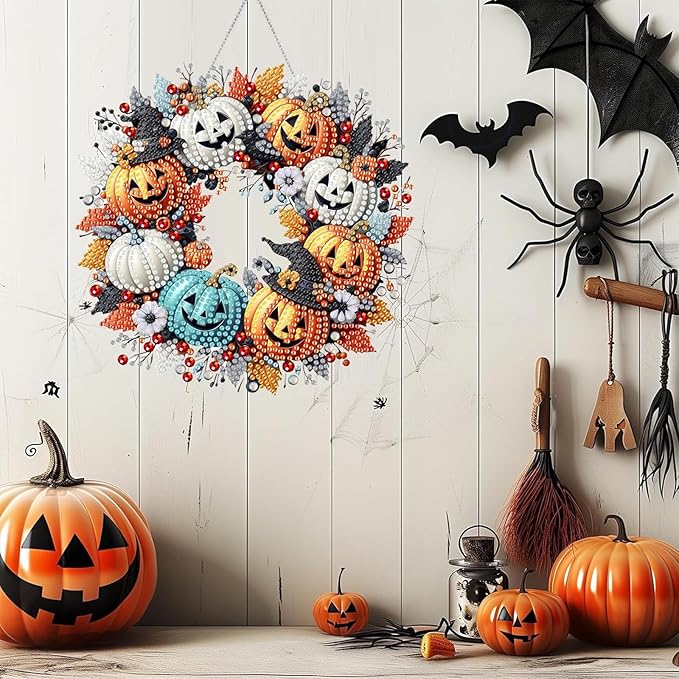 Diamond Art Hanging Kits for Adult, Pumpkin Wreath Diamond Art Crafts Decor, 5D DIY Acrylic Diamond Art Painting Ornaments, Window Pendants Wall Hanging Kits for Home Garden