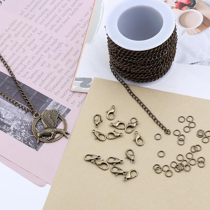 Lemonkey 33 Feet Metal Bronze Necklace Chains Curb Links Chains Bulk for Jewelry Making DIY Craft Kit with Lobster Clasps Jump Rings