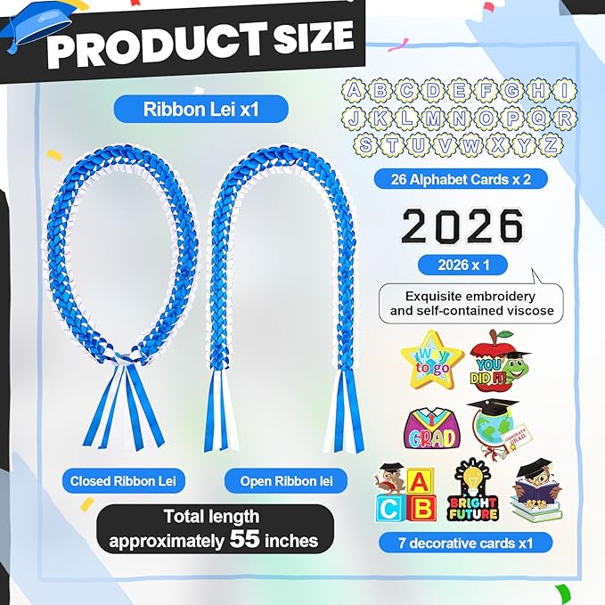 Juexica Kindergarten Graduation Ribbon Leis Class of 2026 Braided Necklace Making Kit with Alphabetic Decorative Cards Preschool Kids Grad Graduation Party Gifts(Blue, White)