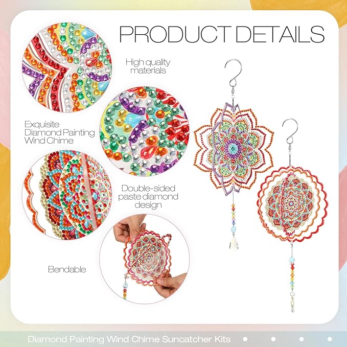Queekay 2 Pieces 3D Diamond Painting Wind Chime Diamond Art Suncatcher Kits Three Dimensional by Number Hanging Ornament Double Sided Crystal Suncatcher Window Decor for Home Wall Garden (Flower)