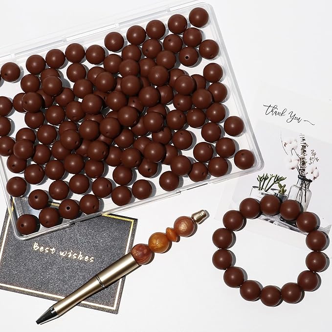 120pcs Richbunnys 15mm Bulk Silicone Beads for Pens and Keychain Making,Large Bead for Necklace and Bracelets Making,Assorted Rubber Beads Set for Crafts(Brown)