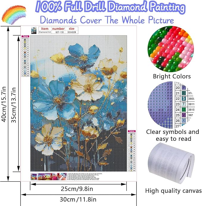 EIBEILI Diamond Painting Kits for Adults DIY 5D Diamond Art Paint with Round Diamonds Full Dril Gem Art Blue Flowers-3 Painting Kit for Home Wall Decor Gifts 12x16inch