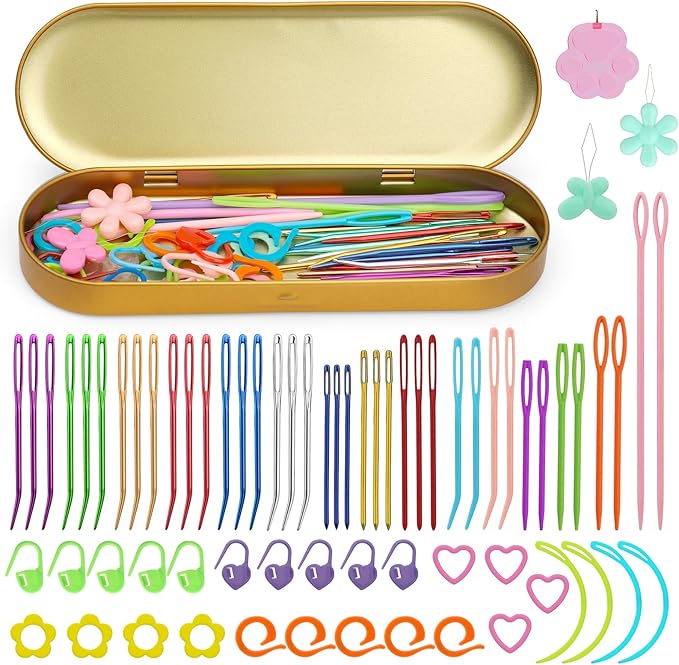 UzecPk 70PCS Yarn Needles Set, Darning Needles Kit, Big Eye Blunt Needles Kit with Bent Tapestry Knitting Needle Plastic Sewing Weaving Needle Threaders Stitch Markers for Crochet Sewing