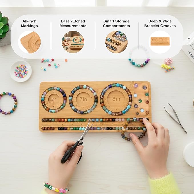 Bamboo Bead Board for Jewelry Making – Natural Bamboo Bracelet & Necklace Design Organizer with Grooved Sizes (Bracelet Slot Right)