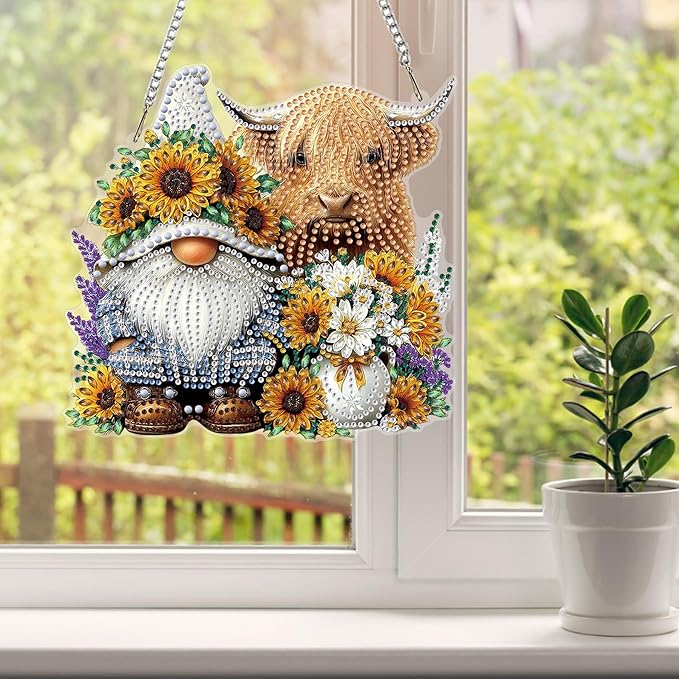 HEIBAGO Cow and Gnome Diamond Art Hanging Kits for Adults, Sunflowers Diamond Art Suncatchers, 5D Special Shape Diamond Painting Pendant Window Ornament Gifts for Home Garden Door Wall Decor 8.3x8.3In