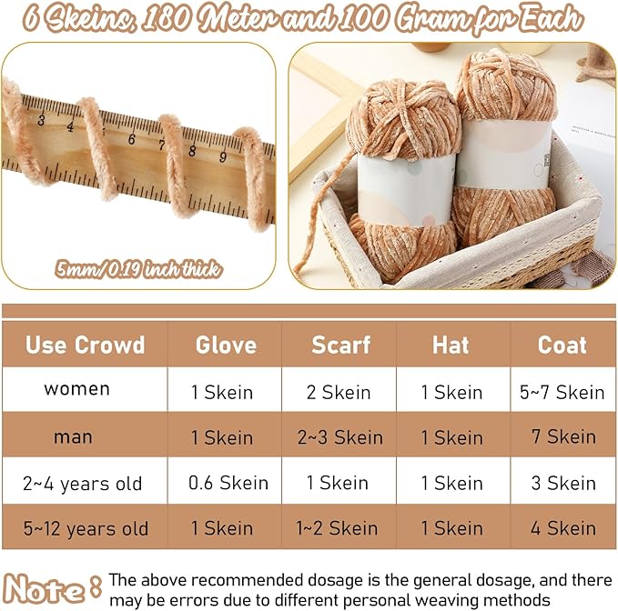 Amylove 6 Rolls Soft Velvet Chenille Yarn for Crocheting 1182 Yards Polyester Blanket Fuzzy Thick Yarn for DIY Knitting Bulky Weaving Crafts, 197 yd, 3.53 oz Each Roll(Camel)