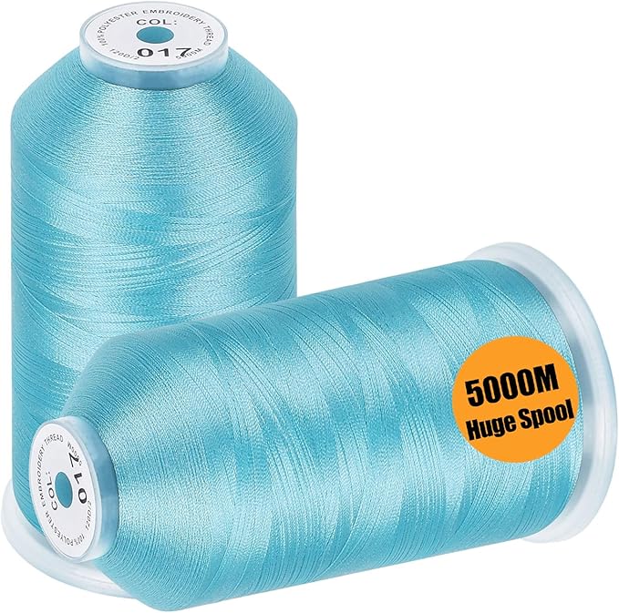 New brothread - 2 Huge Spools 5000M Each Polyester Embroidery Machine Thread 40WT for Commercial and Domestic Machines - Light Blue