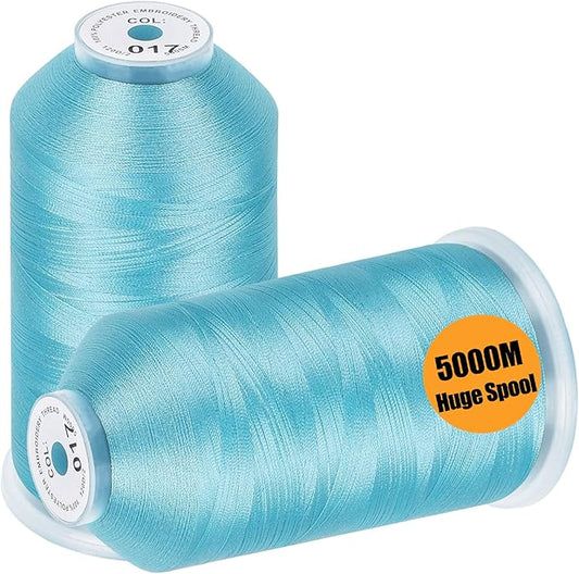 New brothread - 2 Huge Spools 5000M Each Polyester Embroidery Machine Thread 40WT for Commercial and Domestic Machines - Light Blue