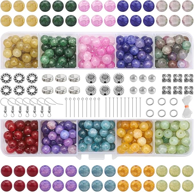 585pcs Glass Beads for Jewelry Making Kit, 8mm Imitating Natural Jade Round Beads with Spacer Beads & Accessories for DIY Bracelets Necklaces Earrings Craft Supplies