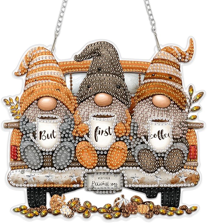 MEIYUDA Coffee Gnomes Diamond Art Hanging Kits for Adult, Truck Gnome Diamond Painting Hanging Kits Ornaments, DIY Special Shaped Rhinestone Window Pendants kit for Home Garden Wall Decor Gift