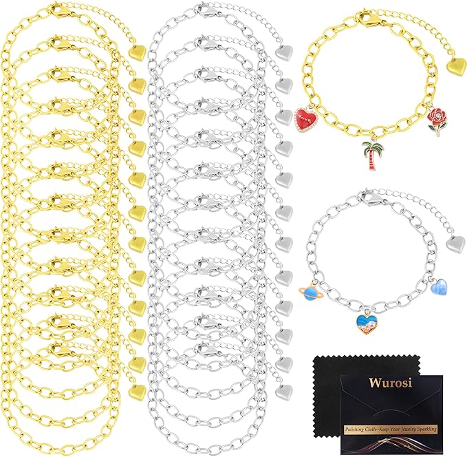 Wurosi 24PCS 6.3Inch Chain Bracelets Kit 18K Gold Plated Charm Bracelet Chains Stainelss Steel Charm Bracelets with Heart Lobster Clasp Extender Chain for Women Jewelry Bracelet Making