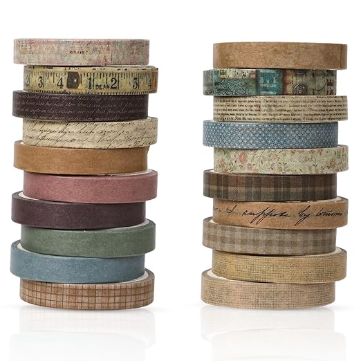 Washi Tape Set 20 Rolls Cute Vintage Washi Tape Decorative Tapes Adhesive Craft Washy Pattern Tapes for Scrapbooking Arts DIY Crafts Journal Planners Gift Wrapping Junk Journal Supplies, Vintage