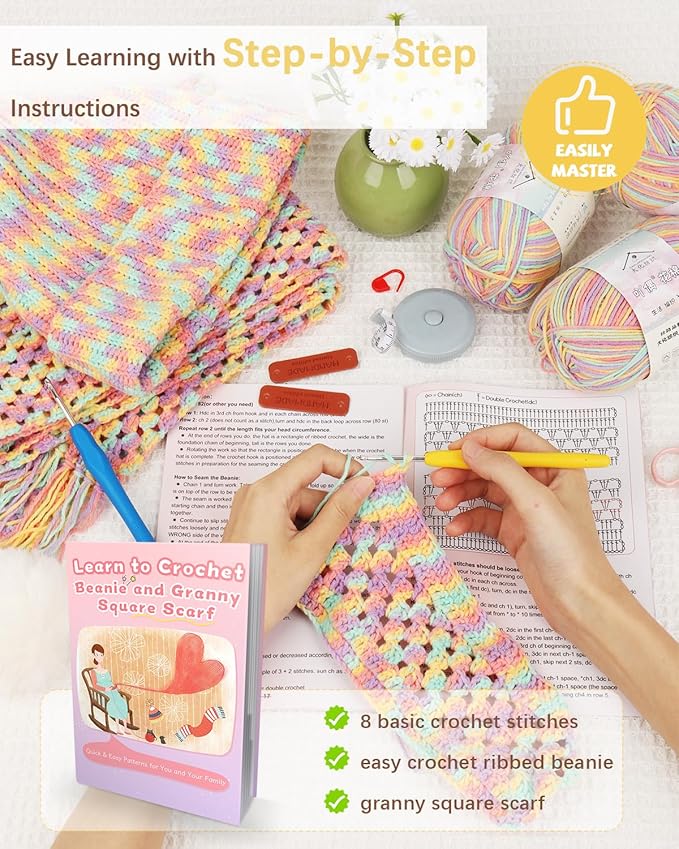 katech crochet kit for beginner-crochet kit for adults - complete set learn to crochet hat, scarf, knitting starter kit with step-by-step instructions 6 crocheting yarn (blue)