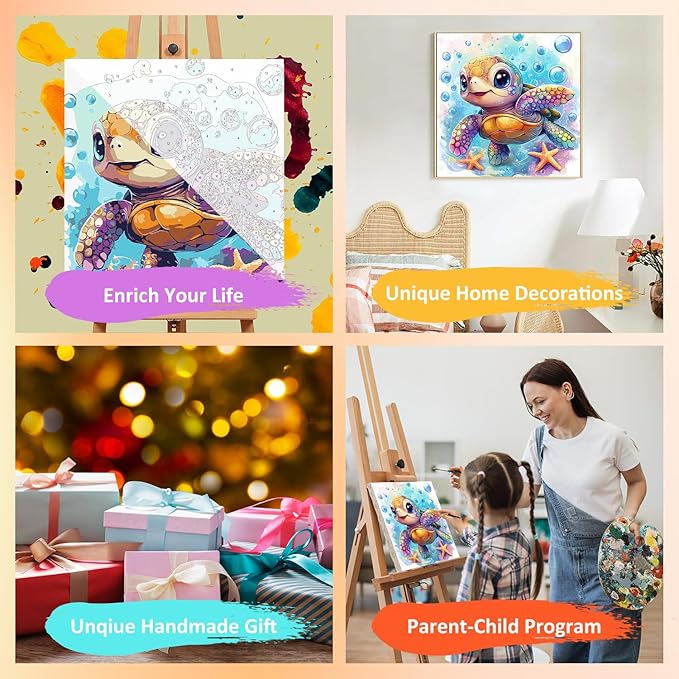 Paint by Numbers Kit for Kids with Frame, Sea Turtle Paint by Numbers for Kids Ages 4-8-12, DIY Turtle Acrylic Oil Painting for Home Wall Art Decor Gift 7.8x7.8 inch (with Frame Easel)