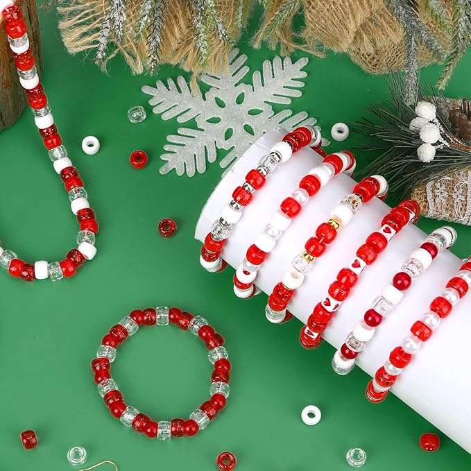 UPINS 1200Pcs Red White Pony Beads,Valentine's Glitter Pony Beads Bulk for Necklace Bracelets Earrings Jewelry Making Supplies DIY Craft Hair