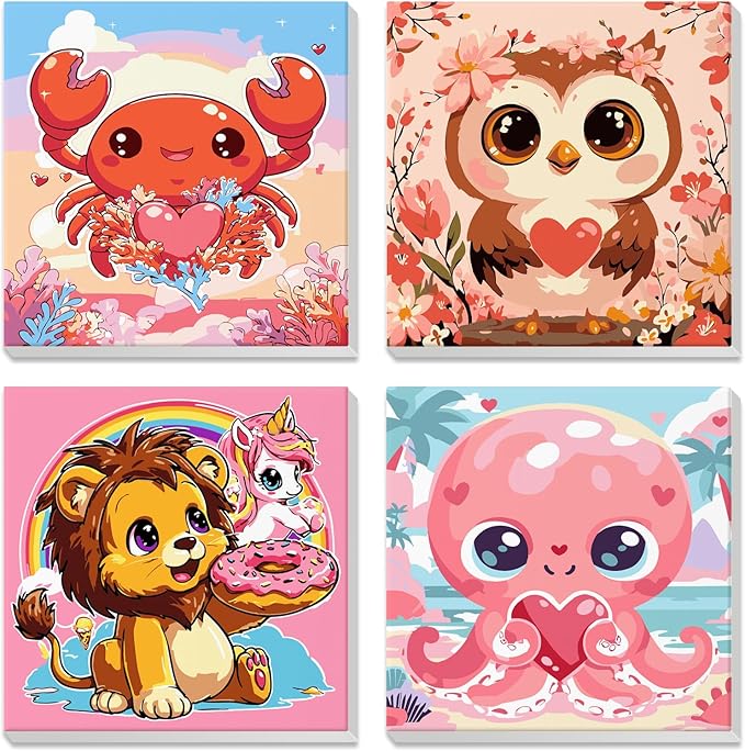 4 Pack Paint by Number for Kids with Wooden Frame, Cute Crab, Pretty Owl, Lion, Octopus Paint by Numbers for Kids Ages 8-12, Cartoon, DIY Acrylic Oil Painting Beginners for Home Wall Decor 8X8 inch