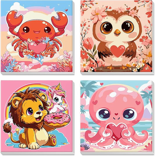 4 Pack Paint by Number for Kids with Wooden Frame, Cute Crab, Pretty Owl, Lion, Octopus Paint by Numbers for Kids Ages 8-12, Cartoon, DIY Acrylic Oil Painting Beginners for Home Wall Decor 8X8 inch