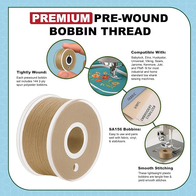 Mandala Crafts 144 Tan SA156 Prewound Bobbins for Singer Sewing Machine -15J SA156 Prefilled Bobbin Thread for Brother Sewing Machine and Embroidery