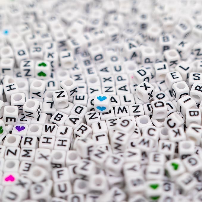 1120Pcs Square Acrylic 6x6mm Alphabet A-Z Letters Beads with Numbers Colorful Hearts Cube Beads for Phone Lanyard Friendship Bracelets Necklaces (White-1120-Organized)